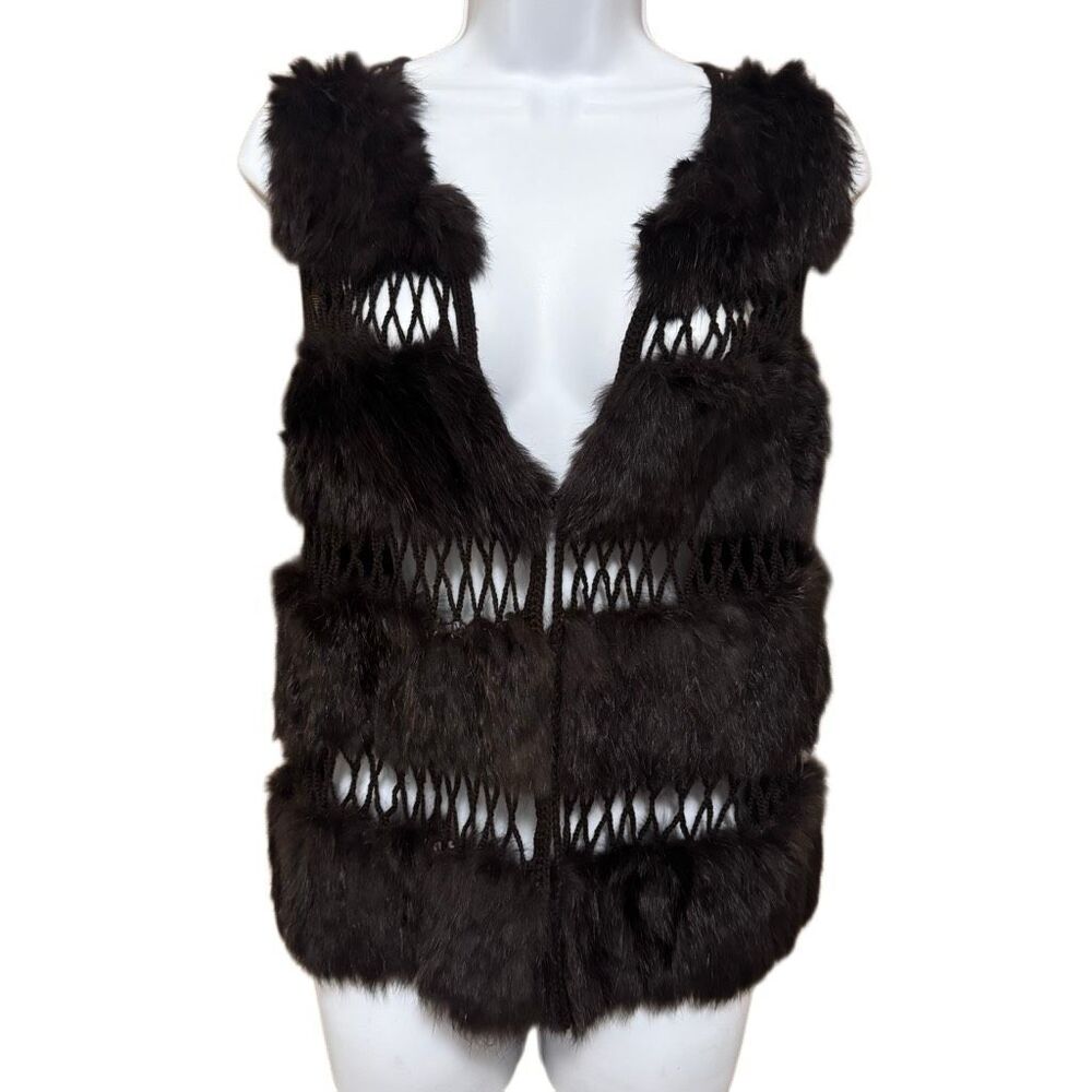 BCBGMAXAZRIA Y2K Brown Rabbit Fur Crochet Lattice Vest Boho 70s Size L